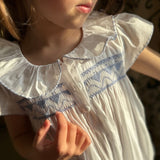 Nightingale Girls Dress Moonstone White with Cornflower Hand Smocking