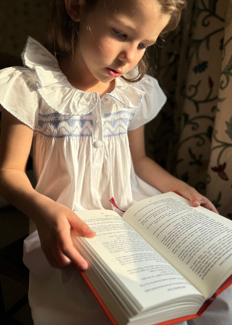 Nightingale Girls Dress Moonstone White with Cornflower Hand Smocking