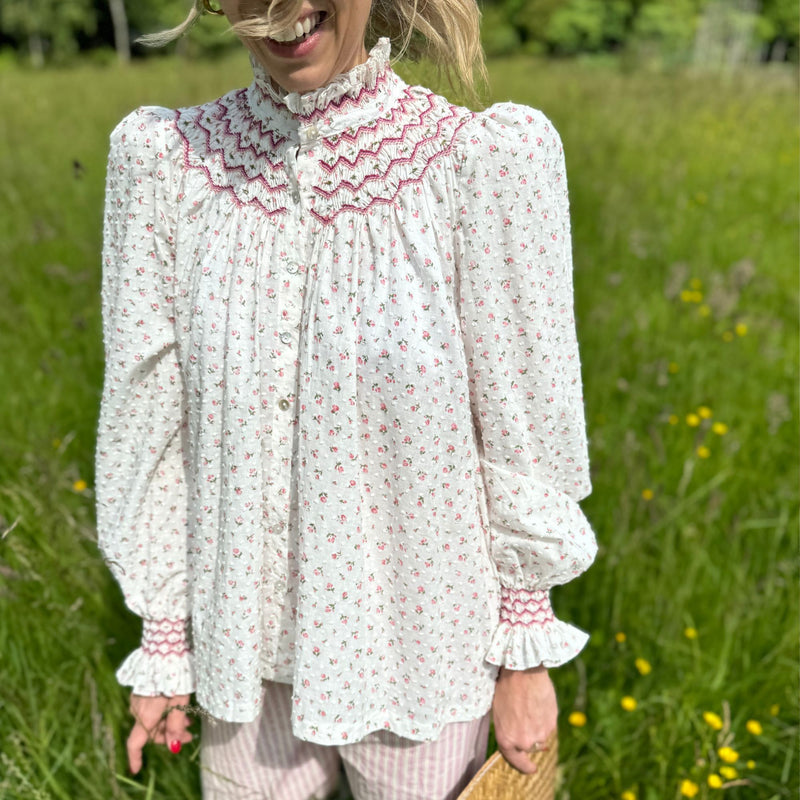 Pom x Smock London Scholl Women's Blouse Rosebud Plumetti with Hellebore Hand Smocking Edition 24