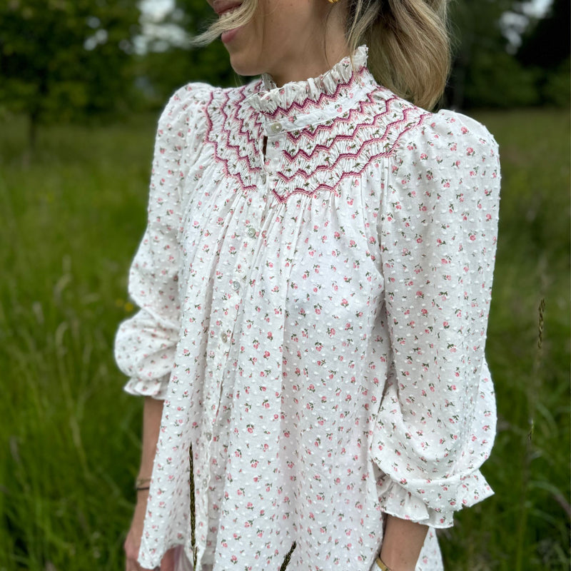 Pom x Smock London Scholl Women's Blouse Rosebud Plumetti with Hellebore Hand Smocking Edition 24