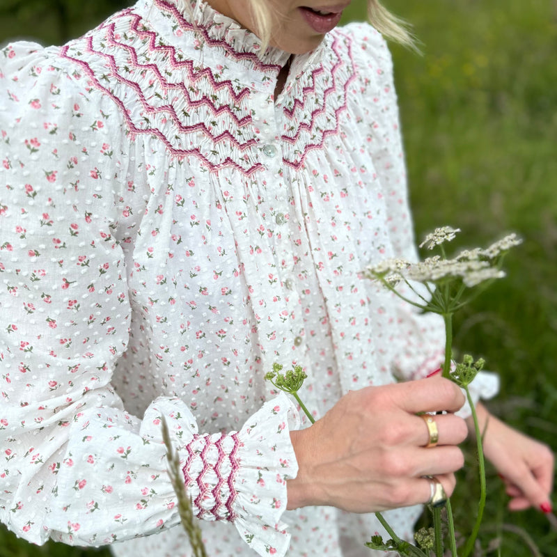 Pom x Smock London Scholl Women's Blouse Rosebud Plumetti with Hellebore Hand Smocking Edition 24