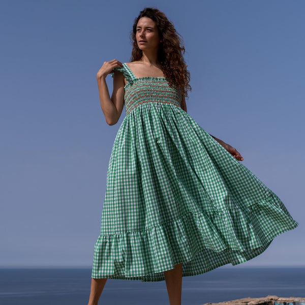 Rachel Carson Women's Dress Spring Green Gingham with Clementine Hand Smocking