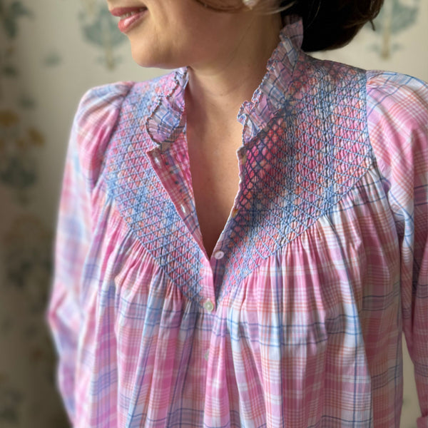Rosa Parks Women's Blouse Bubblegum Check with Forget-me-not Hand Smocking Edition 4