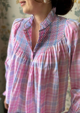 Rosa Parks Women's Blouse Bubblegum Check with Forget-me-not Hand Smocking Edition 4