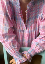 Rosa Parks Women's Blouse Bubblegum Check with Forget-me-not Hand Smocking Edition 4