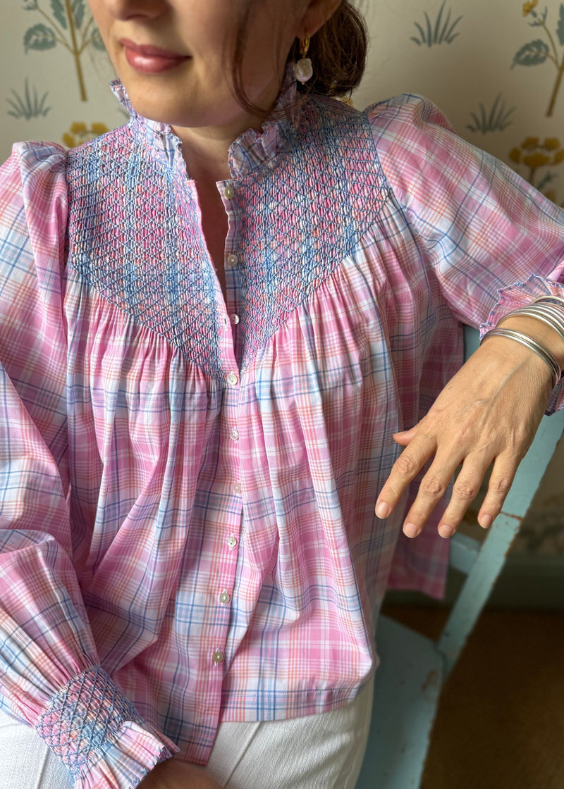 Rosa Parks Women's Blouse Bubblegum Check with Forget-me-not Hand Smocking Edition 4